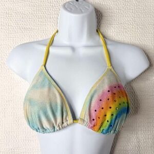 Beach Queen bedazzled rainbow graphic triangle bikini top